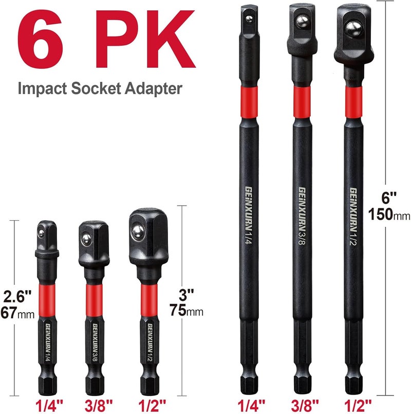 GEINXURN 6Pcs Impact Socket Adapter Set,1/4" 3/8" and 1/2" Drive, (3" and 6") Extension Bit with Holder, Adapt Your Power Drill to High Torque Impact Wrench - Image 2